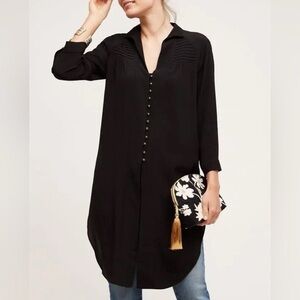 Black Long Button-Front Tunic Shirt - Women